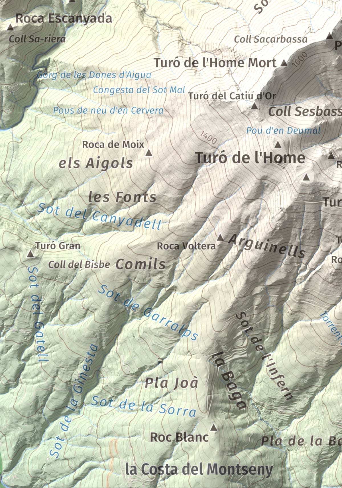 Mapa de relieve de Les Agudes, 1705 m, Selva · Vallès Oriental, lámina 100 Cims de Trobart. Detalle de la zona inferior izquierda. 21 × 30 cm.