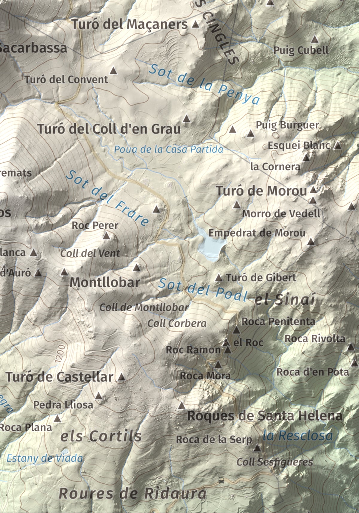 Mapa de relieve de Les Agudes, 1705 m, Selva · Vallès Oriental, lámina 100 Cims de Trobart. Detalle de la zona inferior derecha. 21 × 30 cm.
