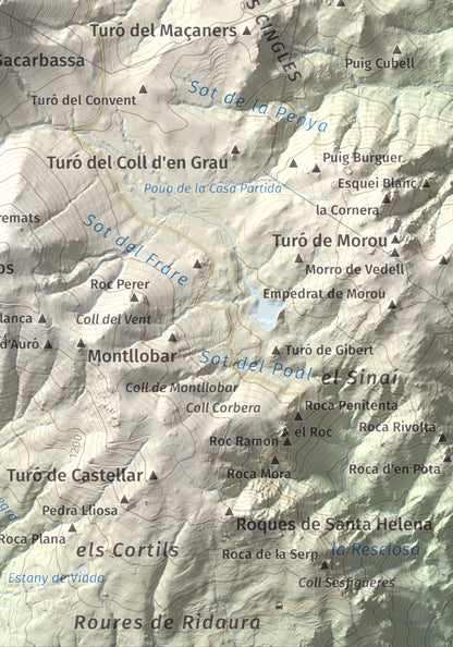 Mapa de relieve de Les Agudes, 1705 m, Selva · Vallès Oriental, lámina 100 Cims de Trobart. Detalle de la zona inferior derecha. 21 × 30 cm.