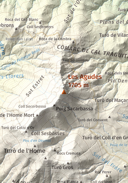 Mapa de relieve de Les Agudes, 1705 m, Selva · Vallès Oriental, lámina 100 Cims de Trobart. Detalle de la zona central. 21 × 30 cm.