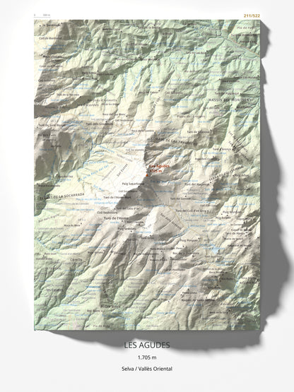 Mapa de relieve de Les Agudes, 1705 m, Selva · Vallès Oriental, lámina 100 Cims de Trobart 30 × 40 cm.