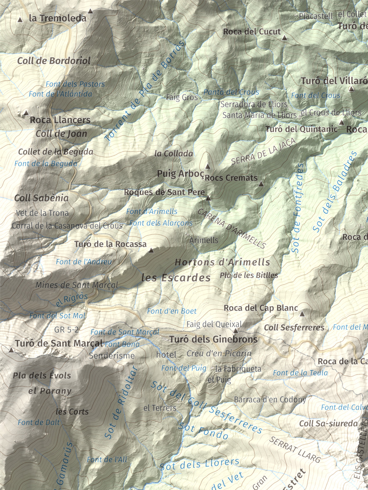 Mapa de relieve de Les Agudes, 1705 m, Selva · Vallès Oriental, lámina 100 Cims de Trobart. Detalle de la zona superior izquierda. 30 × 40 cm.