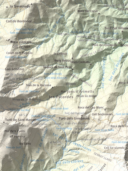 Mapa de relieve de Les Agudes, 1705 m, Selva · Vallès Oriental, lámina 100 Cims de Trobart. Detalle de la zona superior izquierda. 30 × 40 cm.