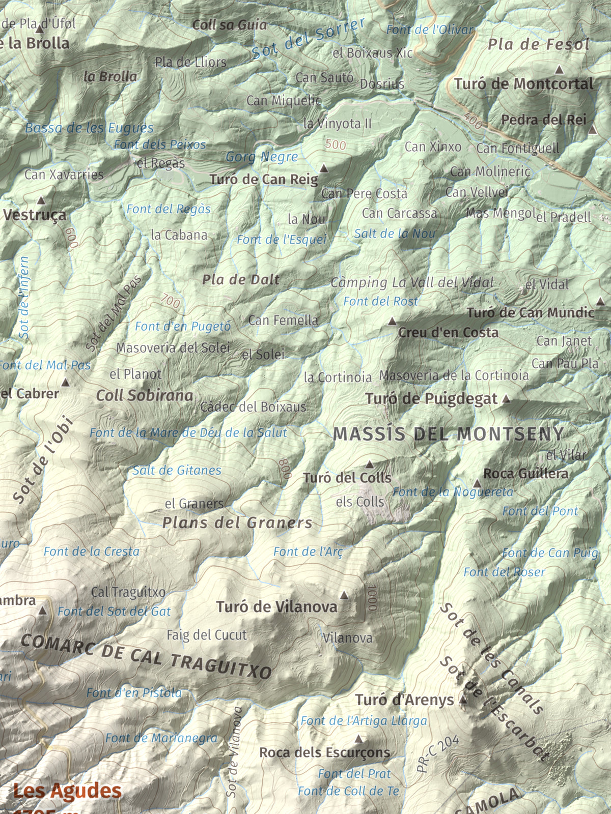 Mapa de relieve de Les Agudes, 1705 m, Selva · Vallès Oriental, lámina 100 Cims de Trobart. Detalle de la zona superior derecha. 30 × 40 cm.