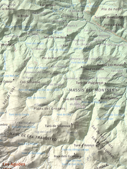 Mapa de relieve de Les Agudes, 1705 m, Selva · Vallès Oriental, lámina 100 Cims de Trobart. Detalle de la zona superior derecha. 30 × 40 cm.