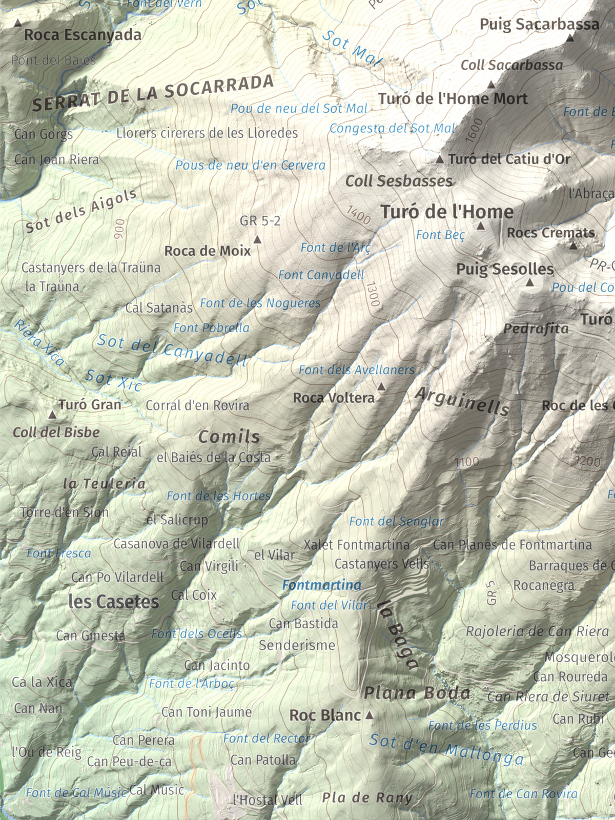 Mapa de relieve de Les Agudes, 1705 m, Selva · Vallès Oriental, lámina 100 Cims de Trobart. Detalle de la zona inferior izquierda. 30 × 40 cm.