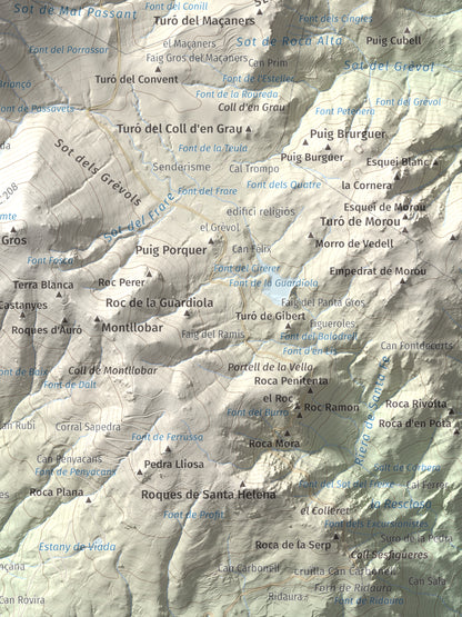 Mapa de relieve de Les Agudes, 1705 m, Selva · Vallès Oriental, lámina 100 Cims de Trobart. Detalle de la zona inferior derecha. 30 × 40 cm.