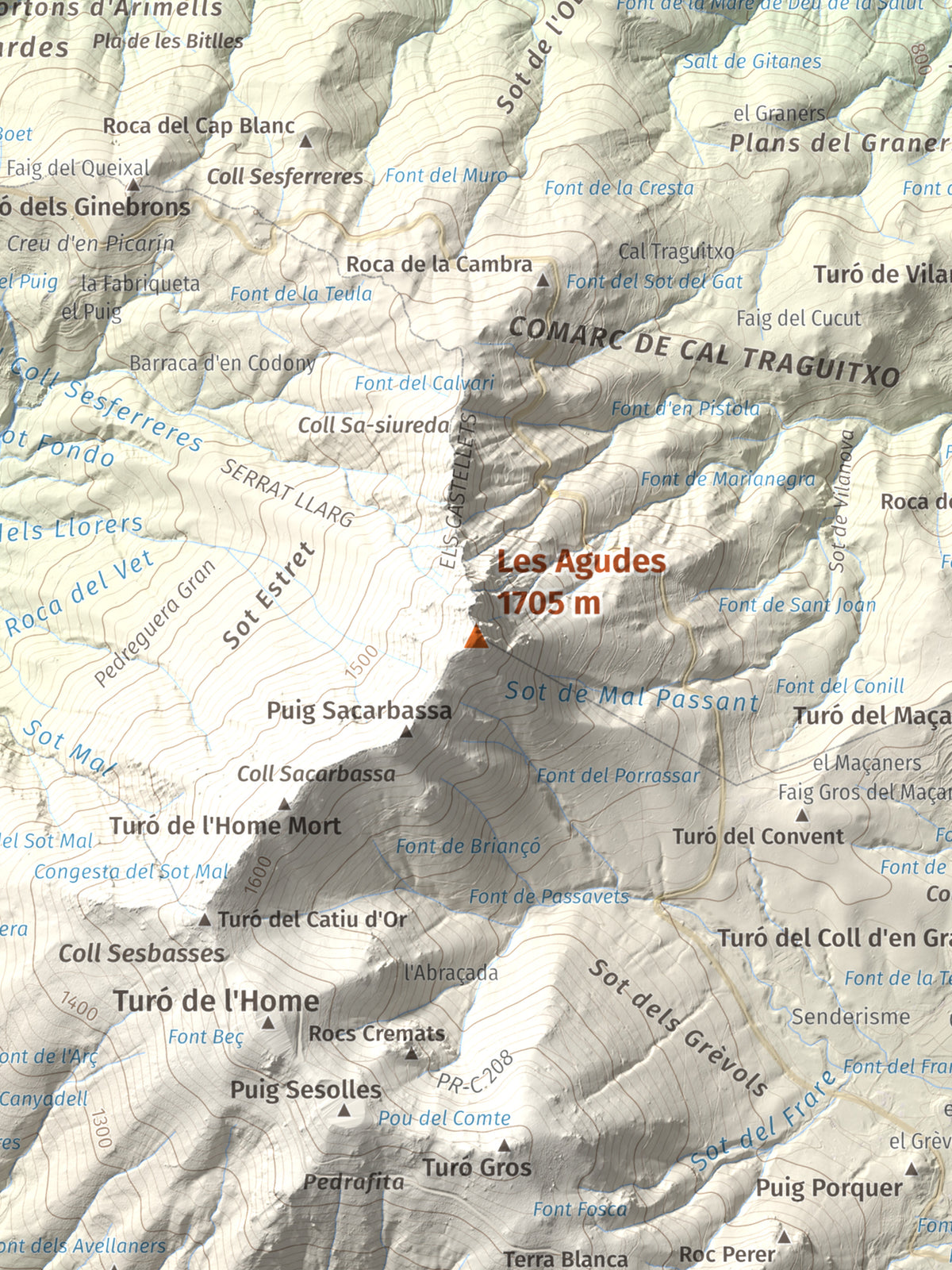 Mapa de relieve de Les Agudes, 1705 m, Selva · Vallès Oriental, lámina 100 Cims de Trobart. Detalle de la zona central. 30 × 40 cm.