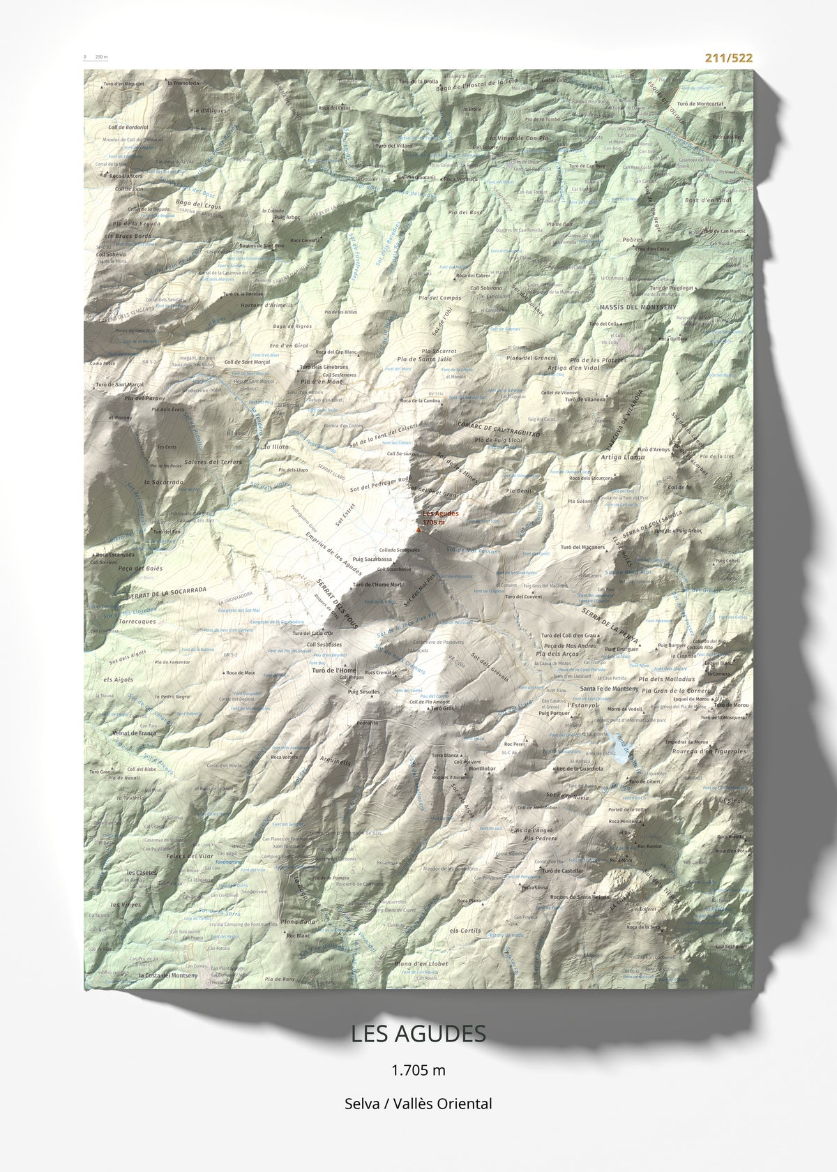 Mapa de relieve de Les Agudes, 1705 m, Selva · Vallès Oriental, lámina 100 Cims de Trobart 50 × 70 cm.