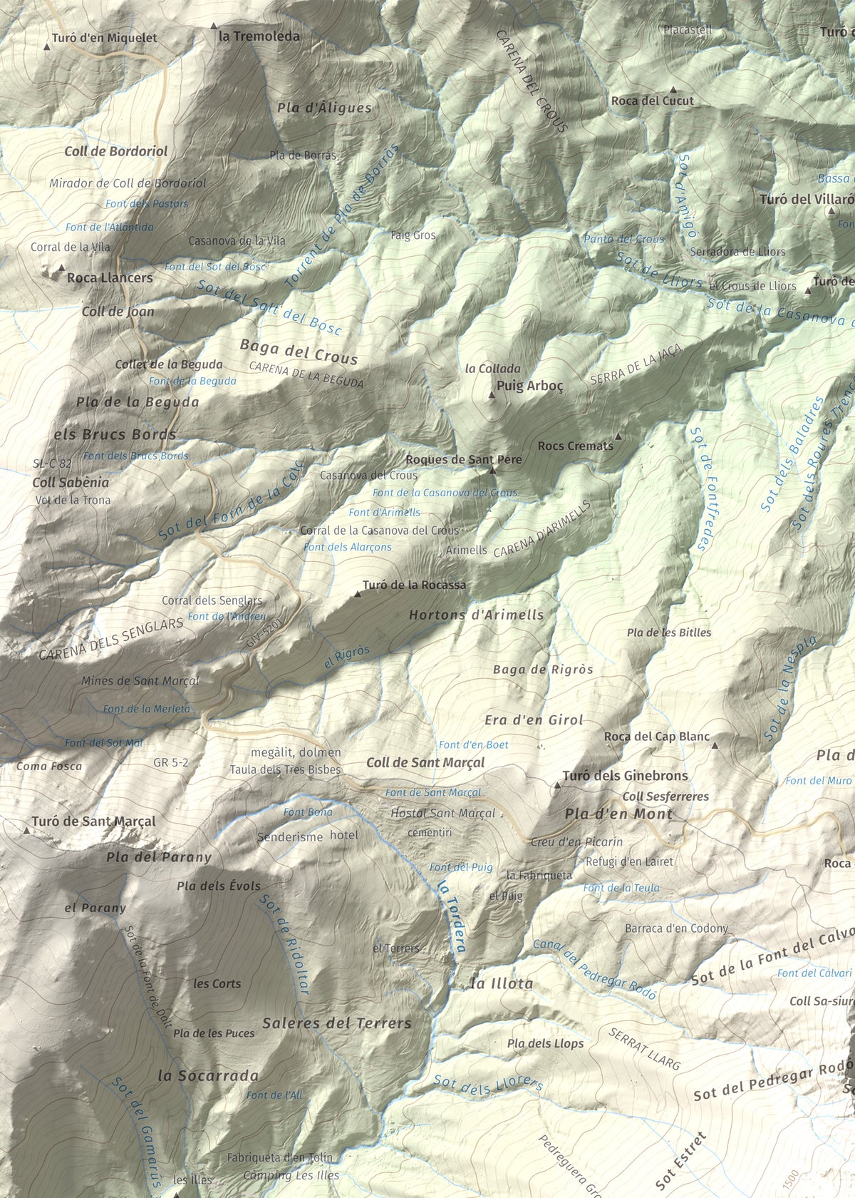 Mapa de relieve de Les Agudes, 1705 m, Selva · Vallès Oriental, lámina 100 Cims de Trobart. Detalle de la zona superior izquierda. 50 × 70 cm.