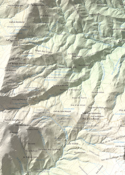 Mapa de relieve de Les Agudes, 1705 m, Selva · Vallès Oriental, lámina 100 Cims de Trobart. Detalle de la zona superior izquierda. 50 × 70 cm.