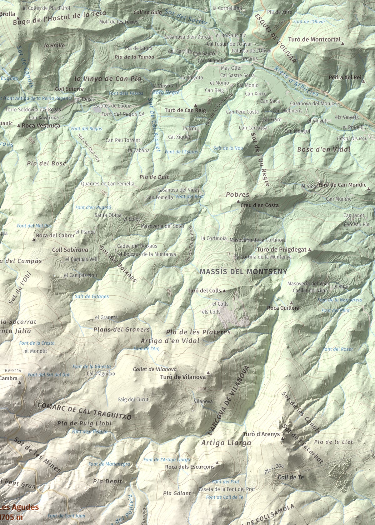 Mapa de relieve de Les Agudes, 1705 m, Selva · Vallès Oriental, lámina 100 Cims de Trobart. Detalle de la zona superior derecha. 50 × 70 cm.