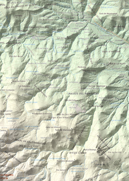Mapa de relieve de Les Agudes, 1705 m, Selva · Vallès Oriental, lámina 100 Cims de Trobart. Detalle de la zona superior derecha. 50 × 70 cm.