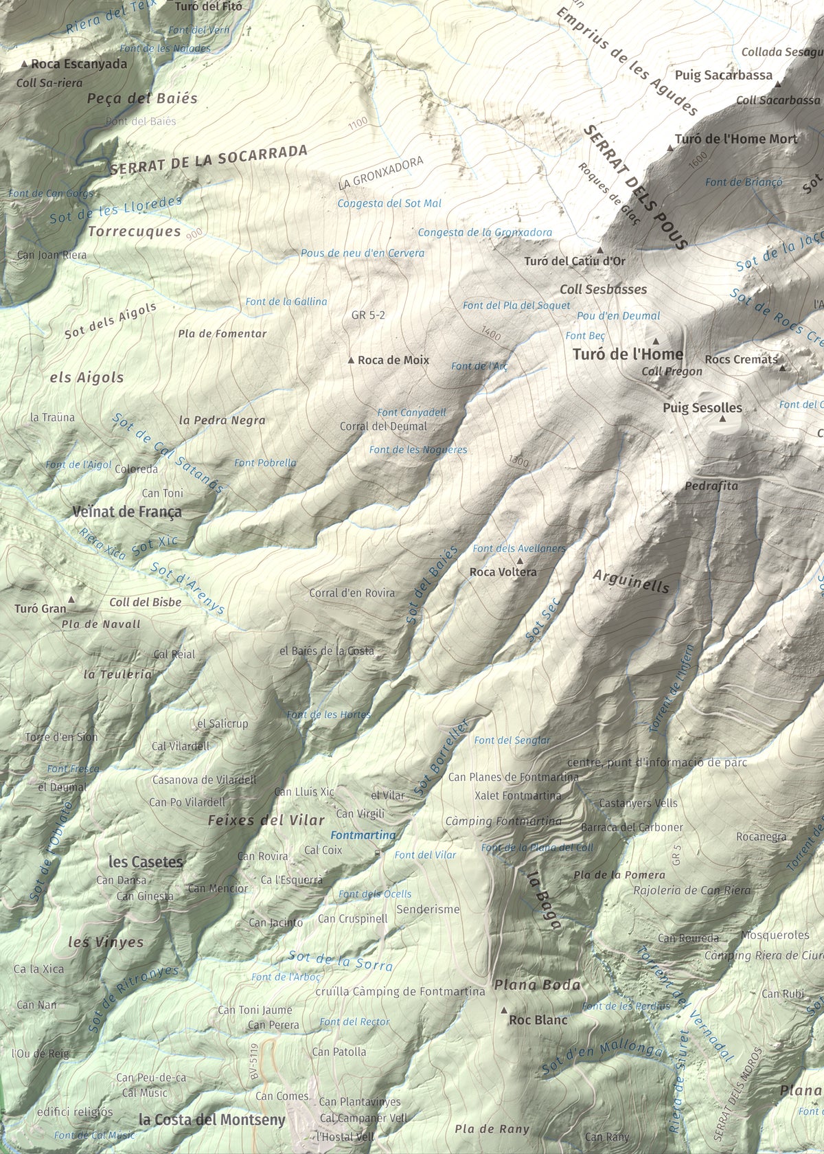 Mapa de relieve de Les Agudes, 1705 m, Selva · Vallès Oriental, lámina 100 Cims de Trobart. Detalle de la zona inferior izquierda. 50 × 70 cm.