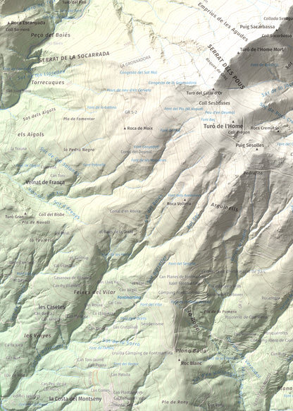 Mapa de relieve de Les Agudes, 1705 m, Selva · Vallès Oriental, lámina 100 Cims de Trobart. Detalle de la zona inferior izquierda. 50 × 70 cm.