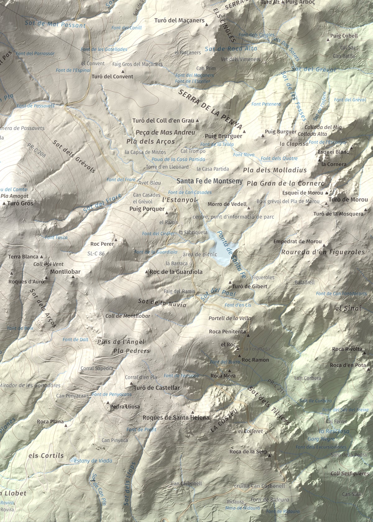 Mapa de relieve de Les Agudes, 1705 m, Selva · Vallès Oriental, lámina 100 Cims de Trobart. Detalle de la zona inferior derecha. 50 × 70 cm.