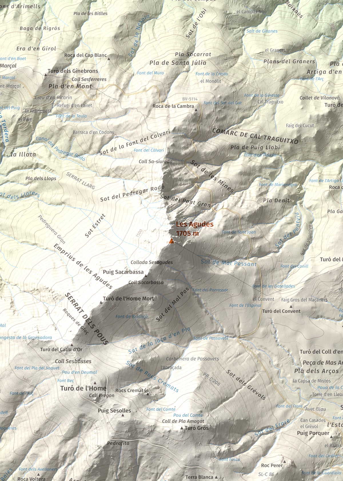 Mapa de relieve de Les Agudes, 1705 m, Selva · Vallès Oriental, lámina 100 Cims de Trobart. Detalle de la zona central. 50 × 70 cm.