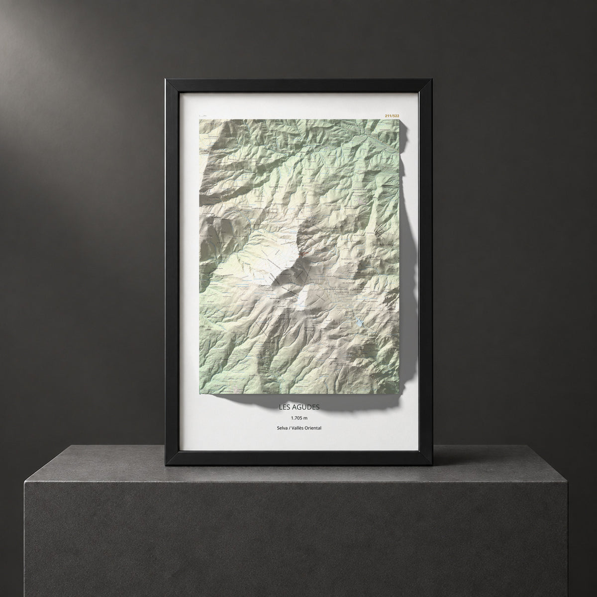 Mapa de relieve de Les Agudes, 1705 m, Selva · Vallès Oriental, lámina 100 Cims de Trobart. Presentación enmarcada. 61 × 91 cm.
