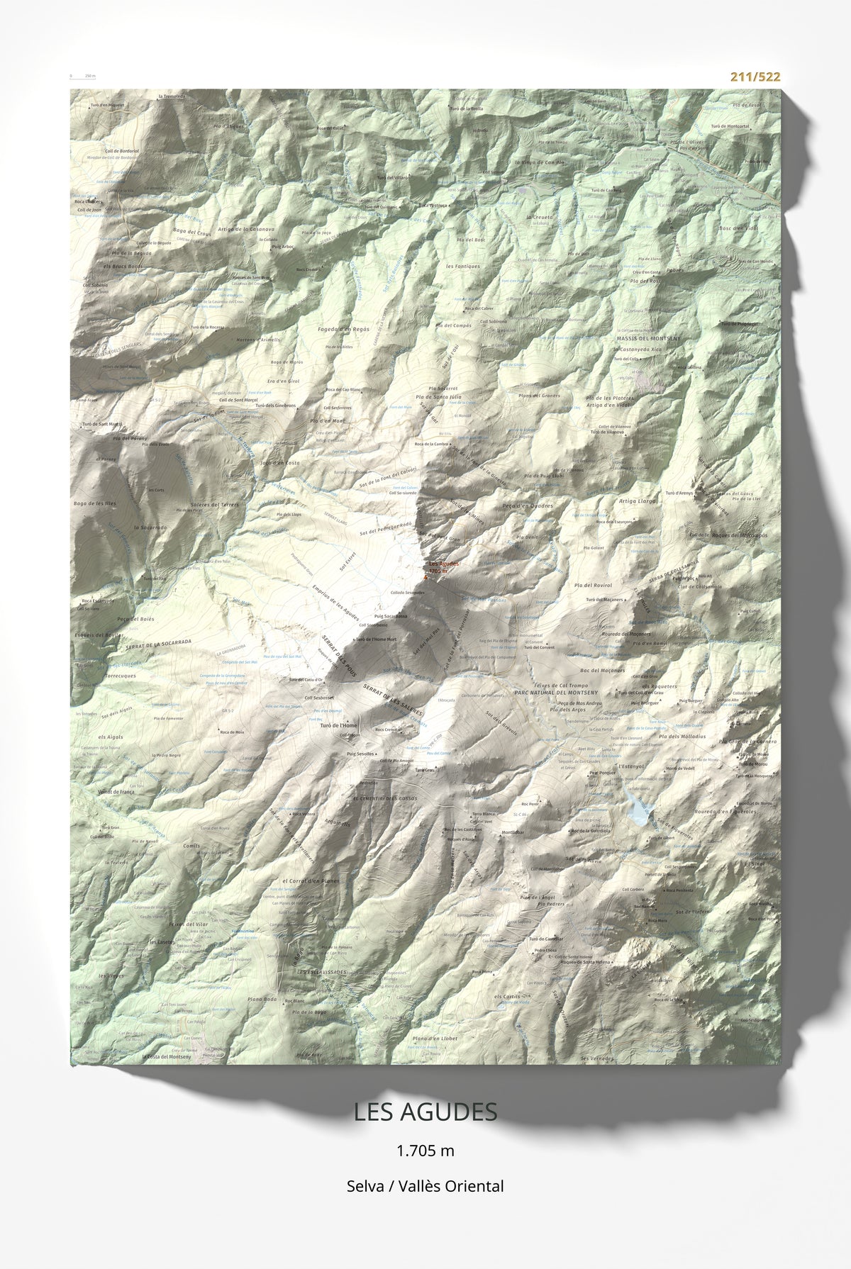 Mapa de relieve de Les Agudes, 1705 m, Selva · Vallès Oriental, lámina 100 Cims de Trobart 61 × 91 cm.