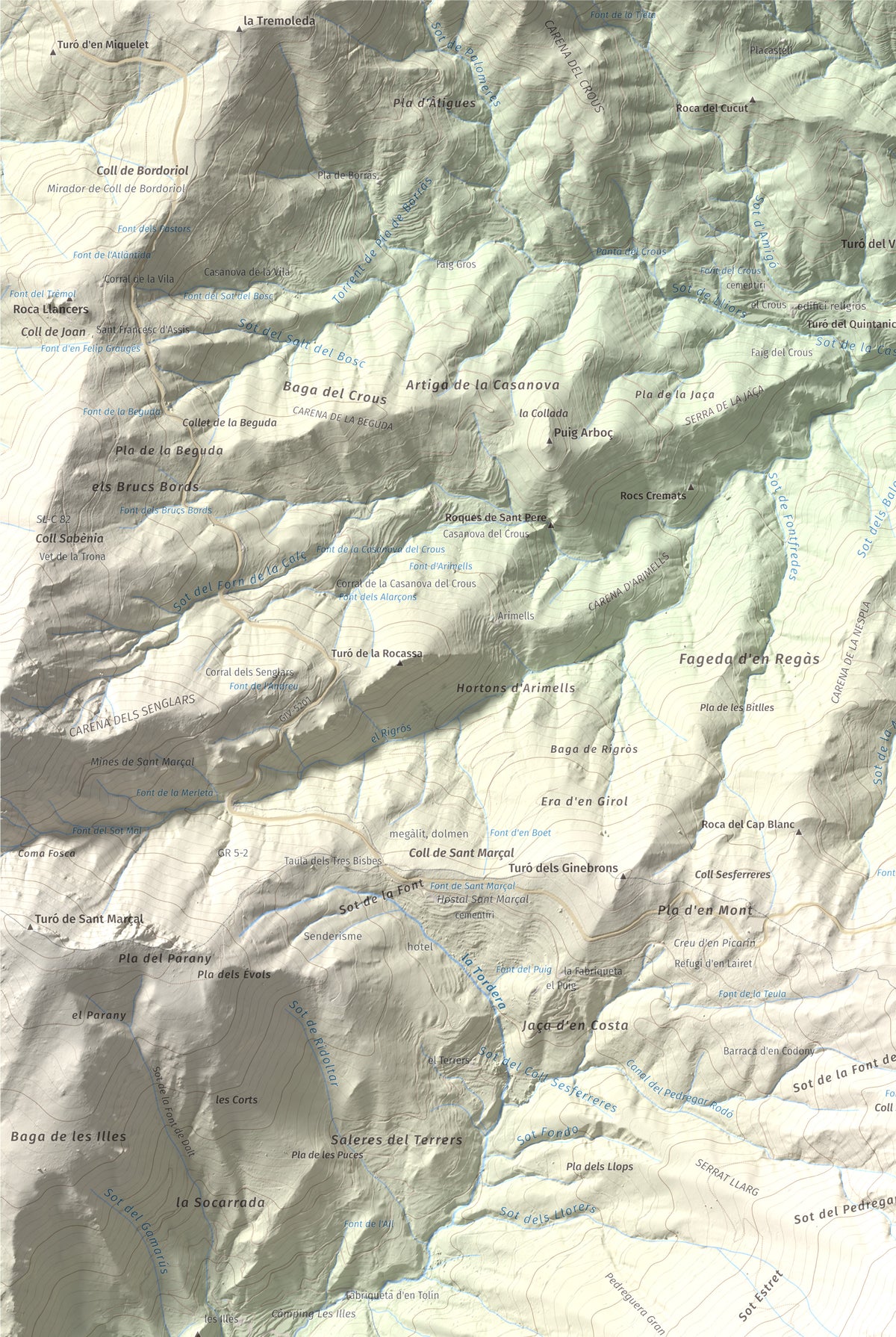 Mapa de relieve de Les Agudes, 1705 m, Selva · Vallès Oriental, lámina 100 Cims de Trobart. Detalle de la zona superior izquierda. 61 × 91 cm.