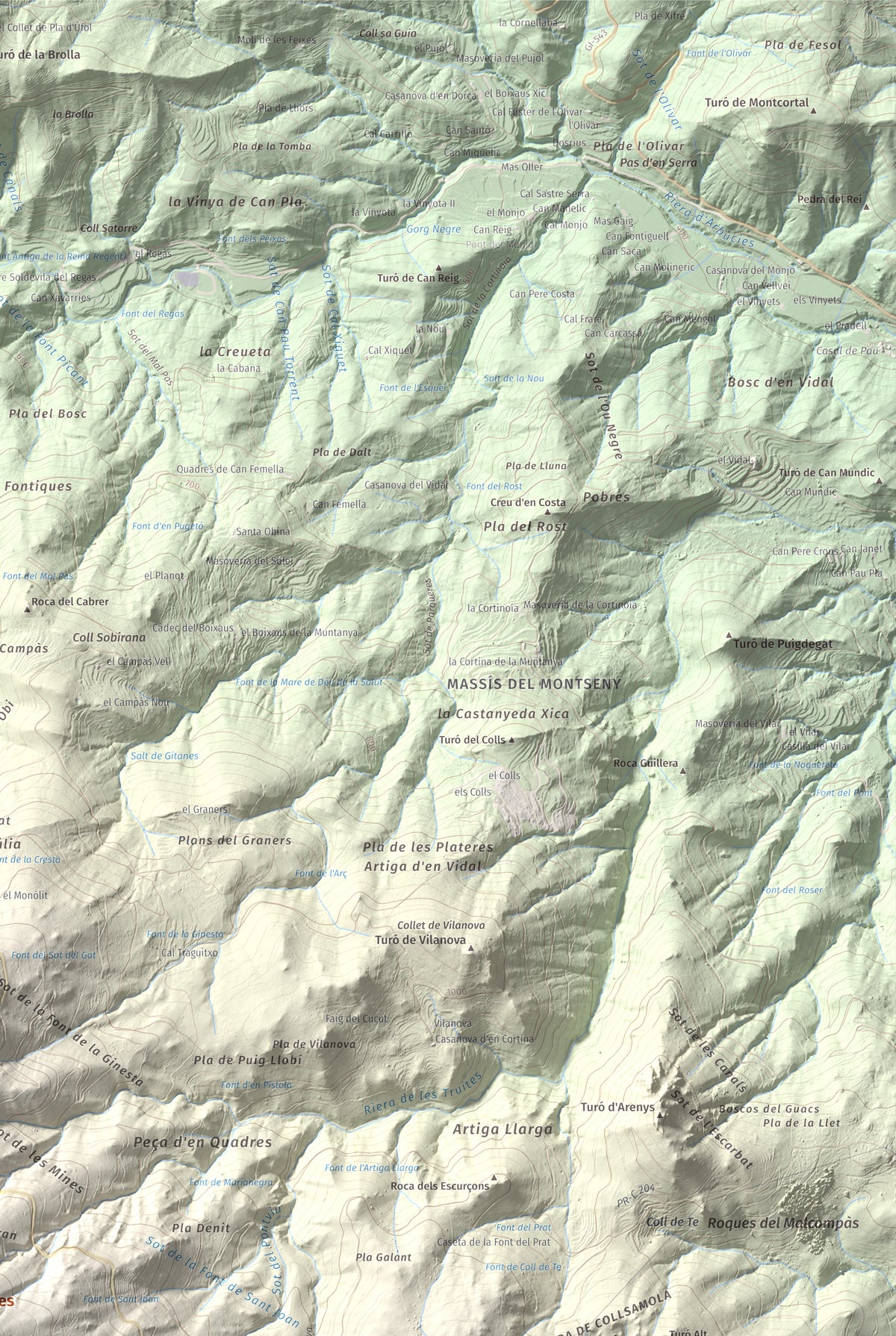 Mapa de relieve de Les Agudes, 1705 m, Selva · Vallès Oriental, lámina 100 Cims de Trobart. Detalle de la zona superior derecha. 61 × 91 cm.