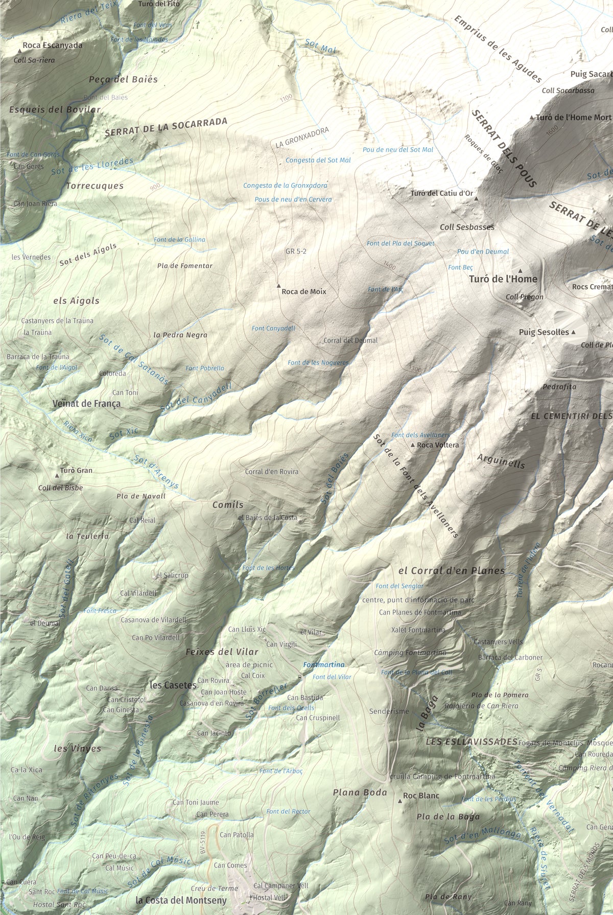 Mapa de relieve de Les Agudes, 1705 m, Selva · Vallès Oriental, lámina 100 Cims de Trobart. Detalle de la zona inferior izquierda. 61 × 91 cm.