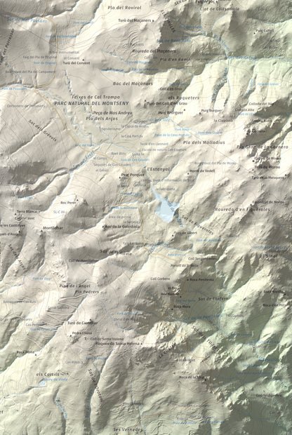 Mapa de relieve de Les Agudes, 1705 m, Selva · Vallès Oriental, lámina 100 Cims de Trobart. Detalle de la zona inferior derecha. 61 × 91 cm.