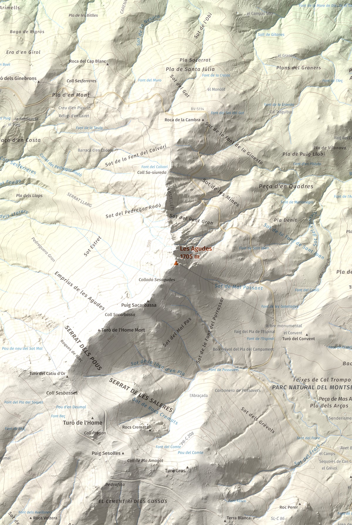 Mapa de relieve de Les Agudes, 1705 m, Selva · Vallès Oriental, lámina 100 Cims de Trobart. Detalle de la zona central. 61 × 91 cm.