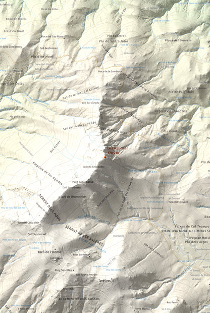 Mapa de relieve de Les Agudes, 1705 m, Selva · Vallès Oriental, lámina 100 Cims de Trobart. Detalle de la zona central. 61 × 91 cm.