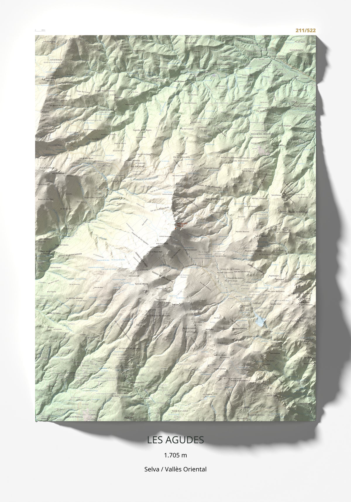 Mapa de relieve de Les Agudes, 1705 m, Selva · Vallès Oriental, lámina 100 Cims de Trobart 70 × 100 cm.