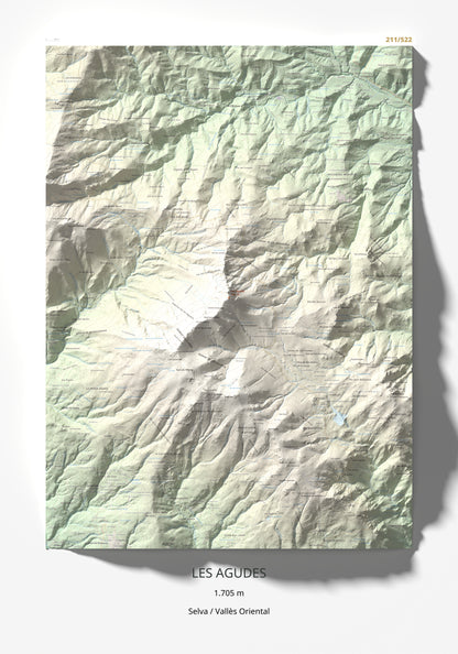 Mapa de relieve de Les Agudes, 1705 m, Selva · Vallès Oriental, lámina 100 Cims de Trobart 70 × 100 cm.