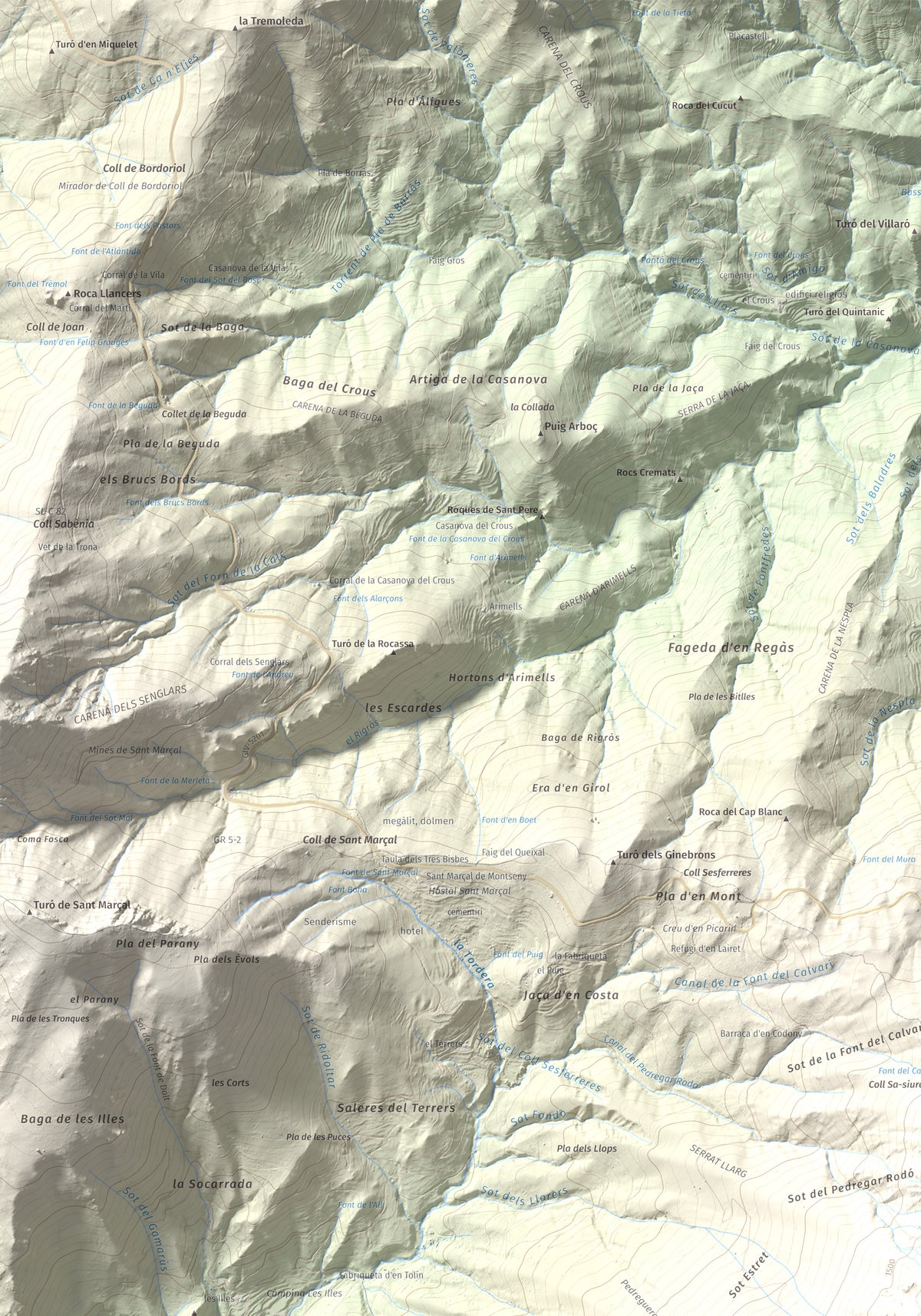 Mapa de relieve de Les Agudes, 1705 m, Selva · Vallès Oriental, lámina 100 Cims de Trobart. Detalle de la zona superior izquierda. 70 × 100 cm.