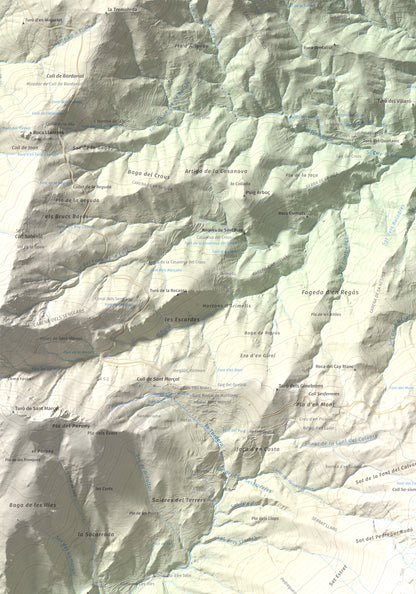 Mapa de relieve de Les Agudes, 1705 m, Selva · Vallès Oriental, lámina 100 Cims de Trobart. Detalle de la zona superior izquierda. 70 × 100 cm.