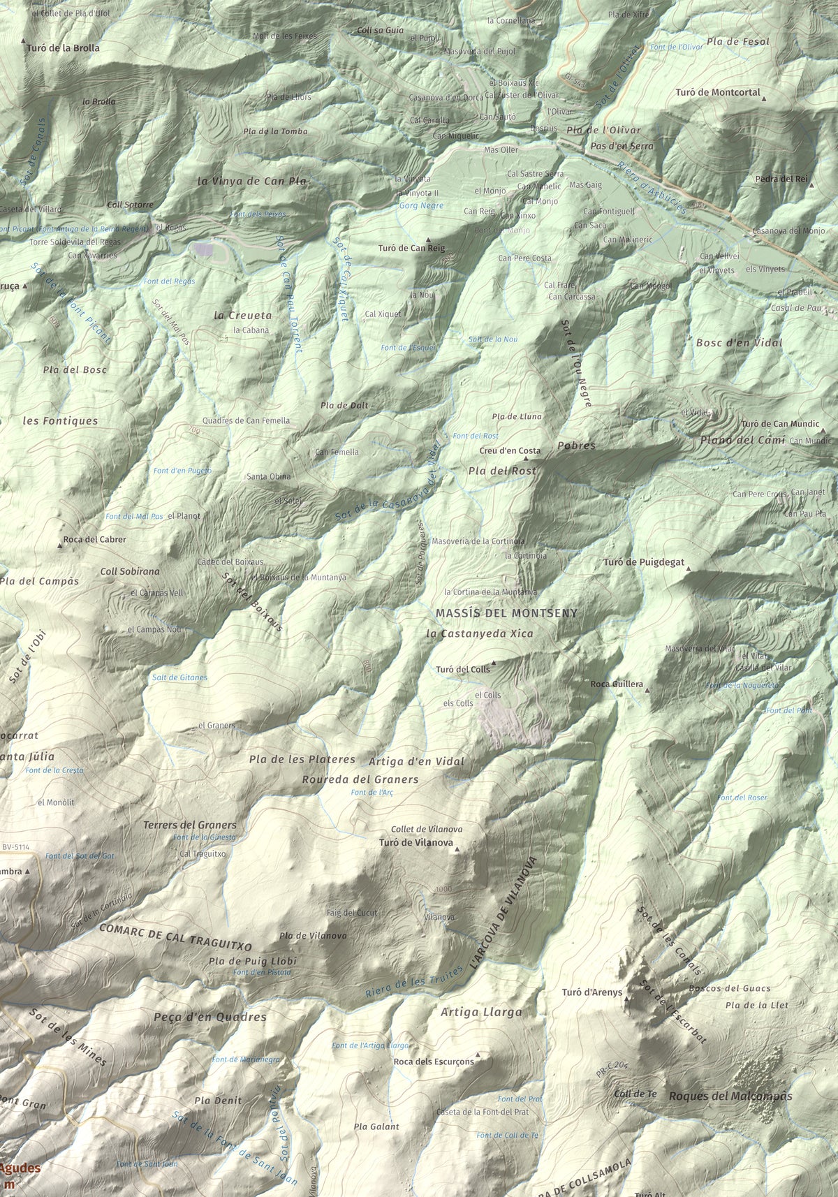 Mapa de relieve de Les Agudes, 1705 m, Selva · Vallès Oriental, lámina 100 Cims de Trobart. Detalle de la zona superior derecha. 70 × 100 cm.