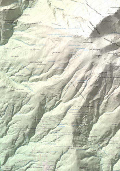 Mapa de relieve de Les Agudes, 1705 m, Selva · Vallès Oriental, lámina 100 Cims de Trobart. Detalle de la zona inferior izquierda. 70 × 100 cm.
