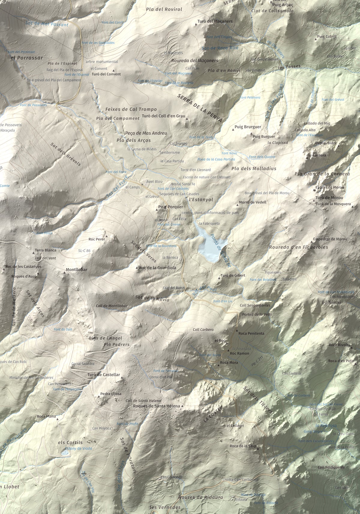 Mapa de relieve de Les Agudes, 1705 m, Selva · Vallès Oriental, lámina 100 Cims de Trobart. Detalle de la zona inferior derecha. 70 × 100 cm.