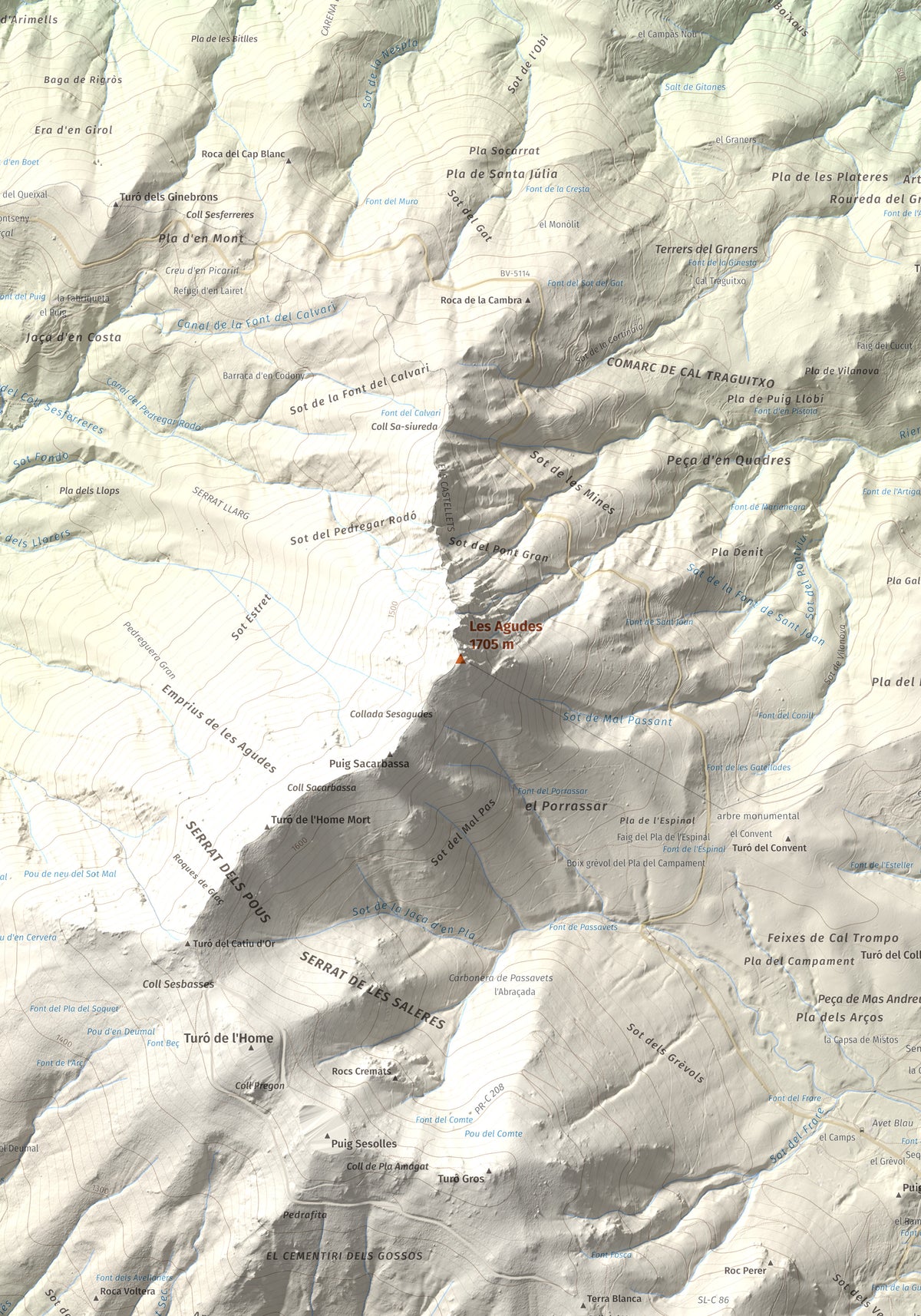 Mapa de relieve de Les Agudes, 1705 m, Selva · Vallès Oriental, lámina 100 Cims de Trobart. Detalle de la zona central. 70 × 100 cm.