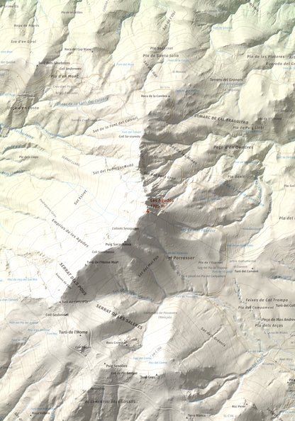 Mapa de relieve de Les Agudes, 1705 m, Selva · Vallès Oriental, lámina 100 Cims de Trobart. Detalle de la zona central. 70 × 100 cm.