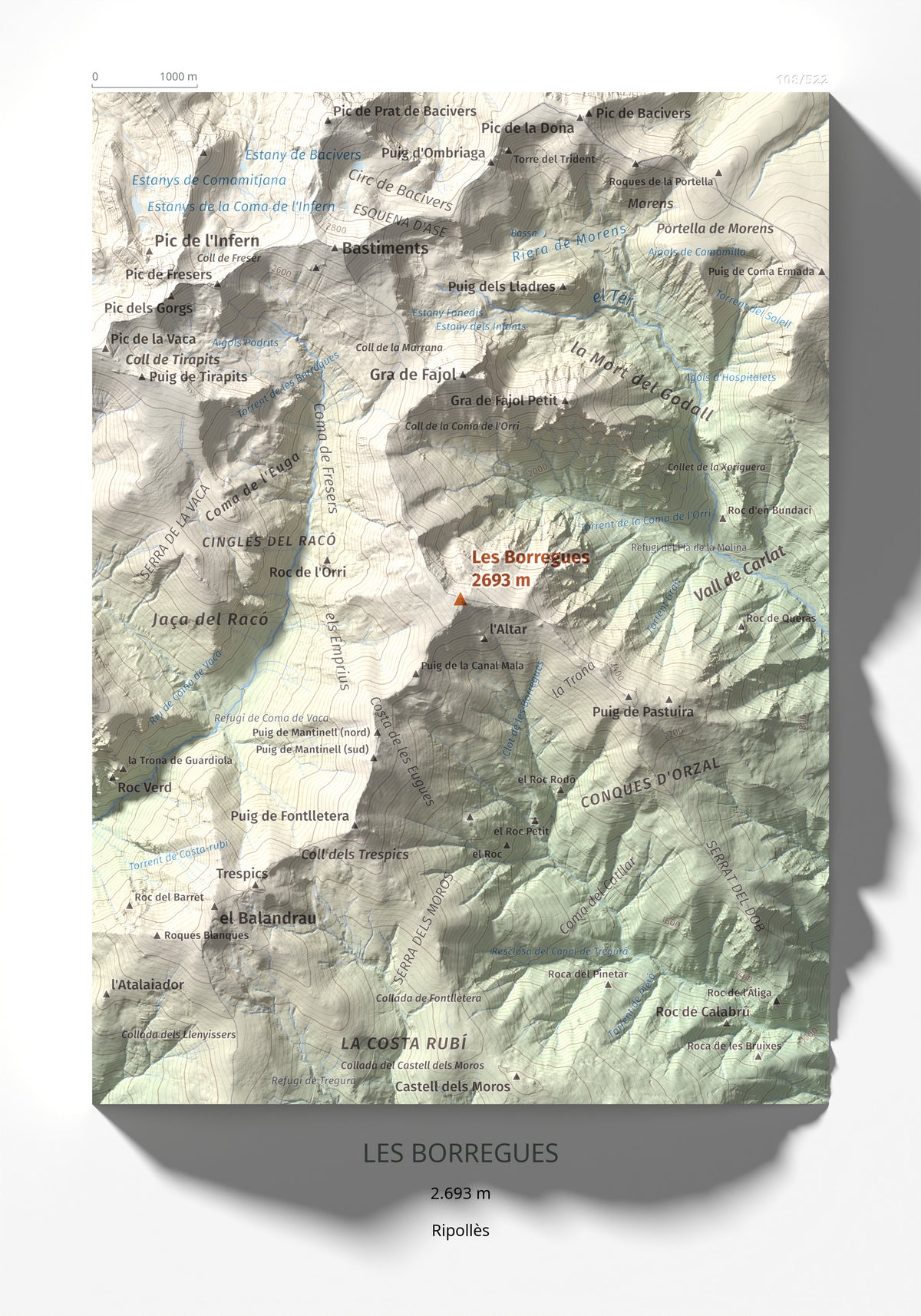 Mapa de relieve de Les Borregues, 2693 m, Ripollès, lámina 100 Cims de Trobart 21 × 30 cm.