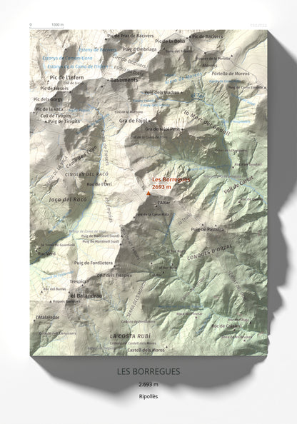 Mapa de relieve de Les Borregues, 2693 m, Ripollès, lámina 100 Cims de Trobart 21 × 30 cm.