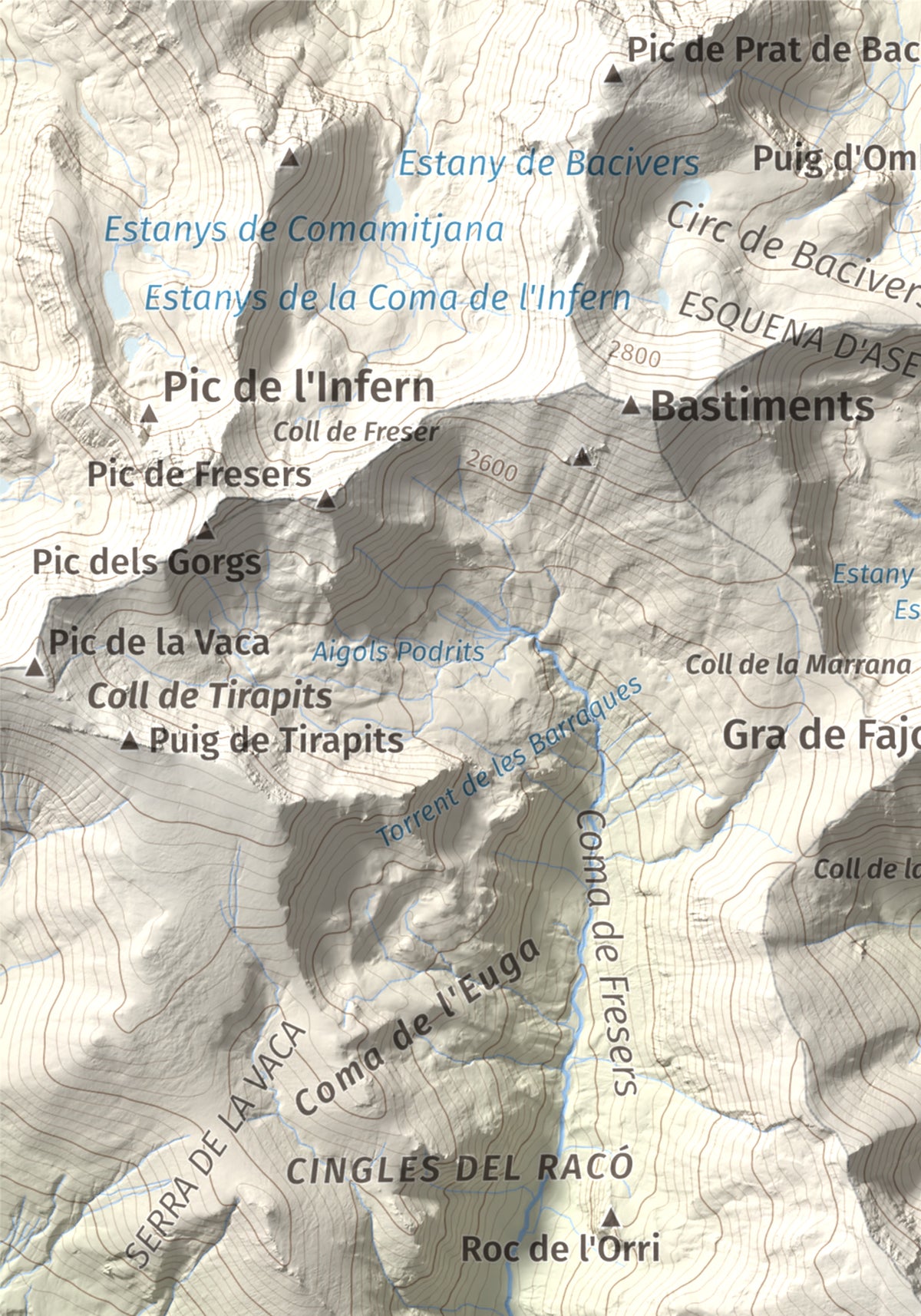 Mapa de relieve de Les Borregues, 2693 m, Ripollès, lámina 100 Cims de Trobart. Detalle de la zona superior izquierda. 21 × 30 cm.