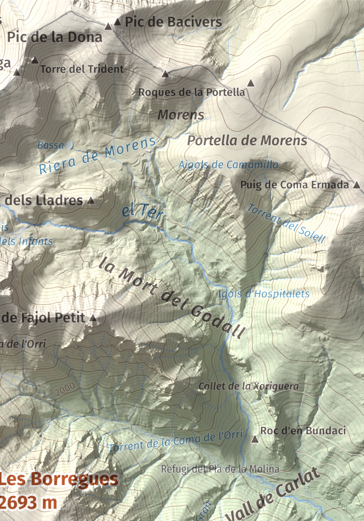 Mapa de relieve de Les Borregues, 2693 m, Ripollès, lámina 100 Cims de Trobart. Detalle de la zona superior derecha. 21 × 30 cm.