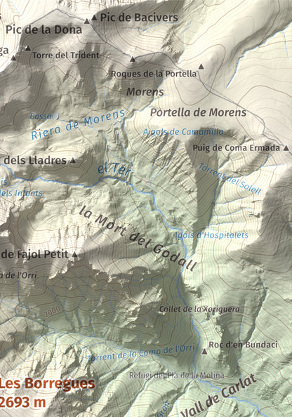 Mapa de relieve de Les Borregues, 2693 m, Ripollès, lámina 100 Cims de Trobart. Detalle de la zona superior derecha. 21 × 30 cm.