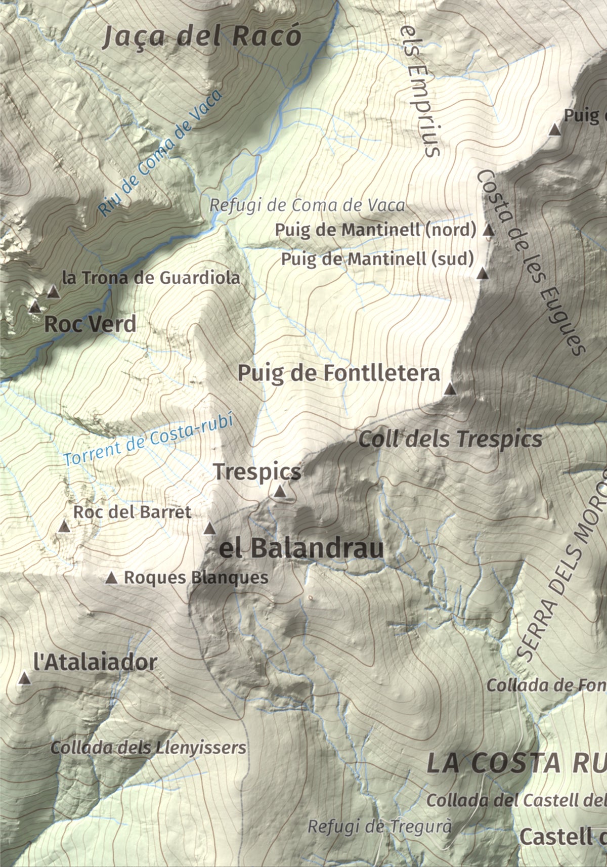 Mapa de relieve de Les Borregues, 2693 m, Ripollès, lámina 100 Cims de Trobart. Detalle de la zona inferior izquierda. 21 × 30 cm.