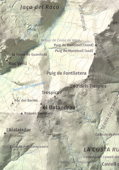 Mapa de relieve de Les Borregues, 2693 m, Ripollès, lámina 100 Cims de Trobart. Detalle de la zona inferior izquierda. 21 × 30 cm.