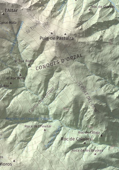 Mapa de relieve de Les Borregues, 2693 m, Ripollès, lámina 100 Cims de Trobart. Detalle de la zona inferior derecha. 21 × 30 cm.