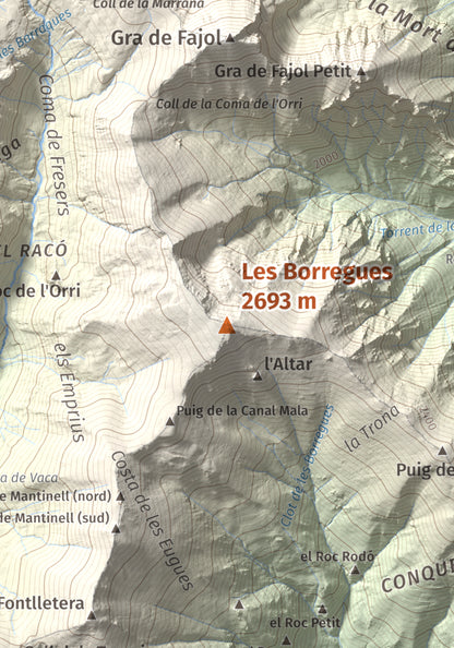 Mapa de relieve de Les Borregues, 2693 m, Ripollès, lámina 100 Cims de Trobart. Detalle de la zona central. 21 × 30 cm.