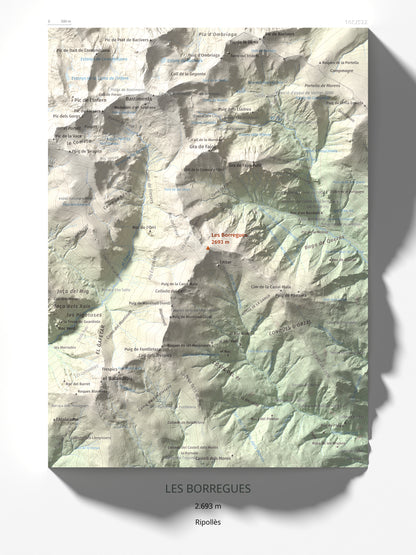 Mapa de relieve de Les Borregues, 2693 m, Ripollès, lámina 100 Cims de Trobart 30 × 40 cm.