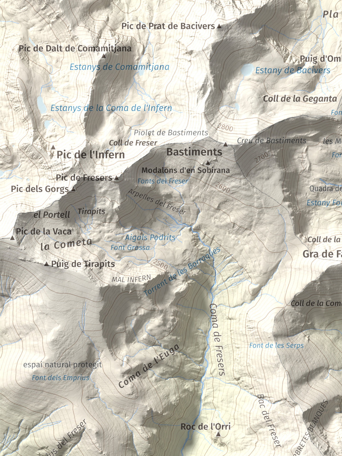 Mapa de relieve de Les Borregues, 2693 m, Ripollès, lámina 100 Cims de Trobart. Detalle de la zona superior izquierda. 30 × 40 cm.