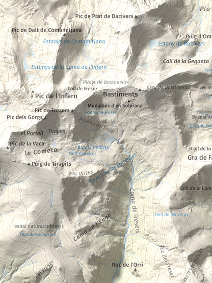 Mapa de relieve de Les Borregues, 2693 m, Ripollès, lámina 100 Cims de Trobart. Detalle de la zona superior izquierda. 30 × 40 cm.